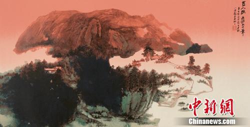 张大千《旭日东升》，丝网版画，68cm×134cm