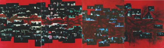 《困境1》红棉布、油彩、墨汁，100×80cm×3，1994年