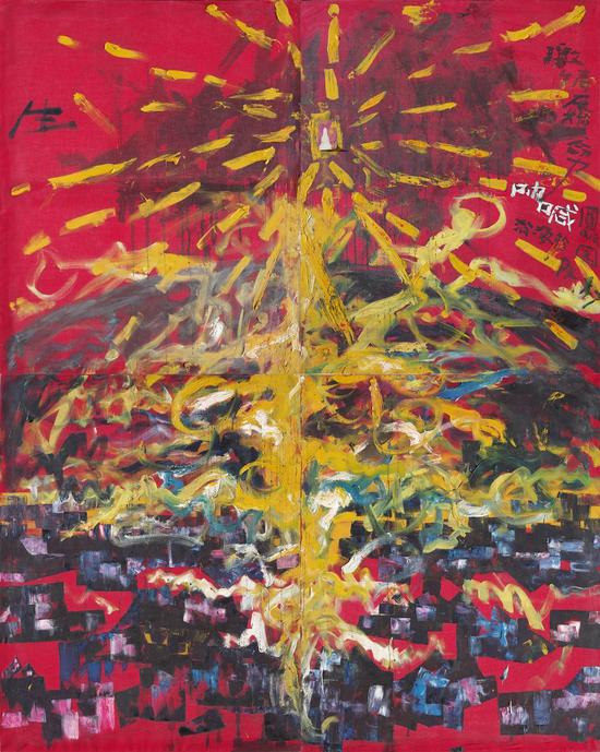 《呐喊》 红棉布、油彩、墨汁，160×200cm×4，1994年