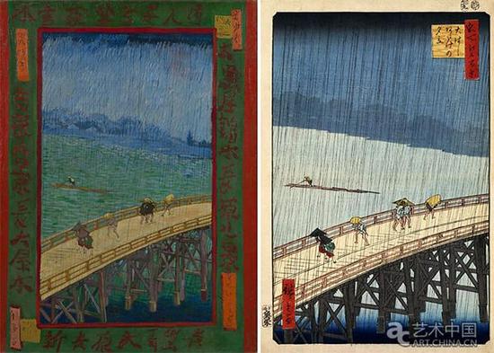 左：文森特·梵高，《雨中的桥》，1987，阿姆斯特丹梵高美术馆馆藏   右：歌川広重，《大桥骤雨》，1857 