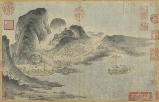 《江帆山市图》 佚名 28.6 x 44.1 cm 台北故宫博物院藏