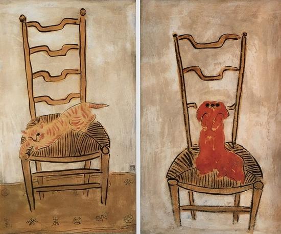 常玉，椅子上的猫（左），椅子上的北京狗（右），1930年代