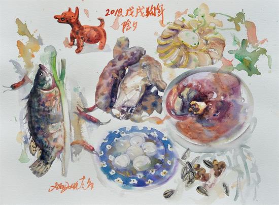 赵晓东 《2018年夜饭》45×36cm.纸本水彩