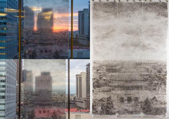 　蔡陈林-Folding Time-Space， the Forbidden City 87 x 50 inches， Oil on transparent milar， 2017，（original view and installation view）-Chenlin Cai