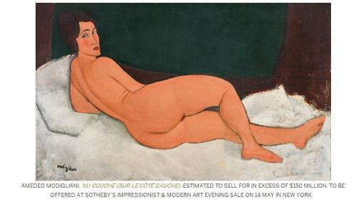 莫迪里安尼的画作《向左侧卧的裸女》。图片来源：苏富比拍卖行网站截图