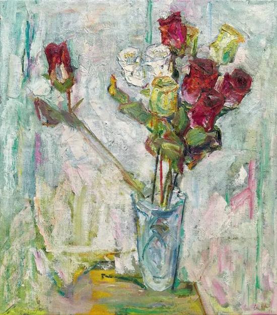 Lot 651 　　罗尔纯（1930-2015） 瓶中玫瑰 　　1991年 布面油画 80×70 cm。