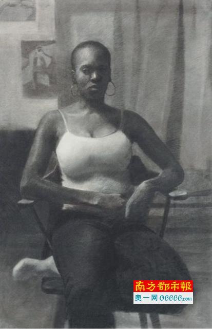 《遮住的愁云》（2008），Njideka Akunyili Crosby创作，将出现在佳士得“从战后至今”伦敦拍卖会上。估价12万到18万英镑。