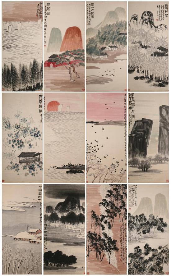 齐白石四季山水十二条屏 齐白石 1932年 138×62cm 轴 纸本设色 重庆中国三峡博物馆藏