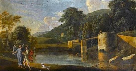 《托拜厄斯和天使，有河流的风景》 阿戈斯蒂诺-塔西 布面油画 1600年。