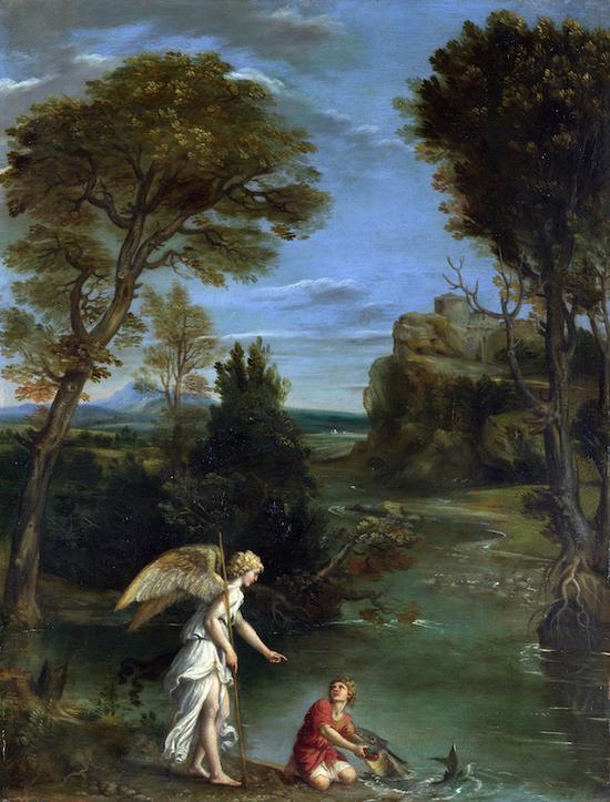 《有托拜厄斯卧着拿鱼的风景》 多米尼奇诺 铜板油画 1610—1613年。