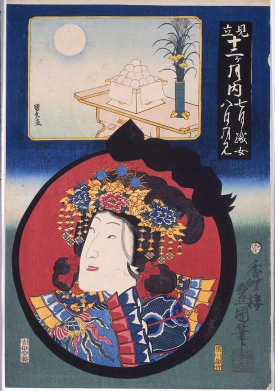 《见立十二个月》之七月织女、八月中秋赏月 1854年 东京都江户东京博物馆藏