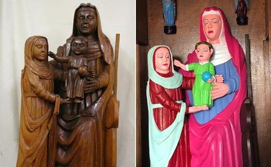 修复前以及修复后的圣母圣子暨圣安娜雕像。图/取自El Comercio。