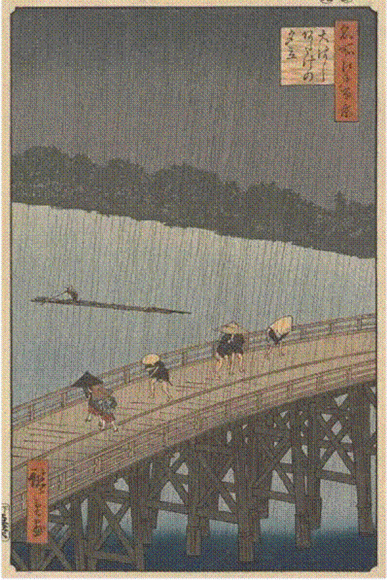 图七：歌川广众《大桥骤雨》（1857）。线条、色块清晰简单。