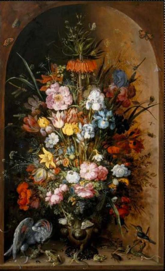 图九：洛兰特·萨弗里《静物》（1624）。画中共有63种花卉和44种动物。