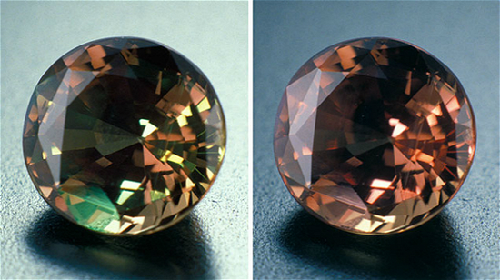 这颗产自斯里兰卡的亚历山大变石呈现的颜色变化缺乏力度，并且其颜色偏褐色。