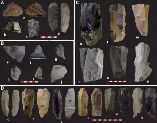 研究人员发现的尼阿底石器，显示了剥制石叶的技术特点和过程。图/国家文物局