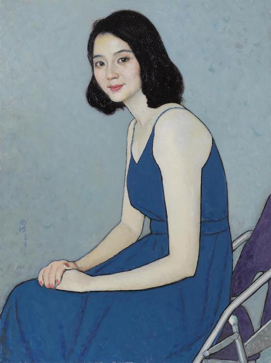 靳尚谊《穿蓝裙子的女士》，布面油画 ，75cm×56cm，2017年