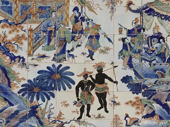 荷兰 17世纪末至十八世纪初 德尔夫特窑青花釉上彩中国风与黑人纹饰壁砖