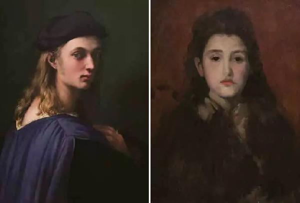  （左）（意） 拉斐尔《宾多·阿托蒂肖像》，布面油画；（右）（美）惠斯勒，《爱丽丝》，布面油画，美国国家美术馆藏