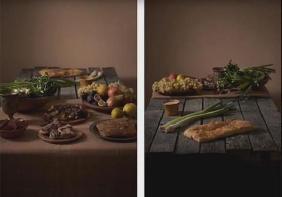 左边铺着桌布的是富人的食物,右边餐桌上的是穷人的食物