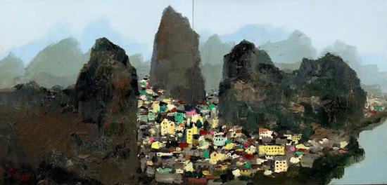 吴冠中《桂林》1977-1996 年作油彩木板（双联作）42.5 x 88 cm。成交价：HK$ 23，600，000