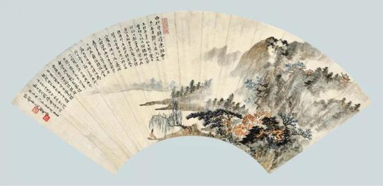 Lot 195 郑午昌 白牡丹赚婿东林寺 　　扇面镜心 设色纸本 　　尺寸：18×52.2 cm。 约0.85平尺