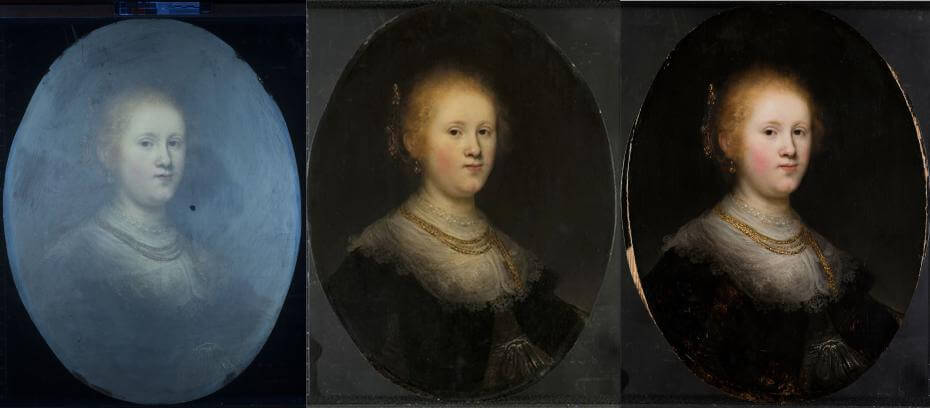 伦勃朗《年轻女子肖像》电子扫描图、修复前、修复后