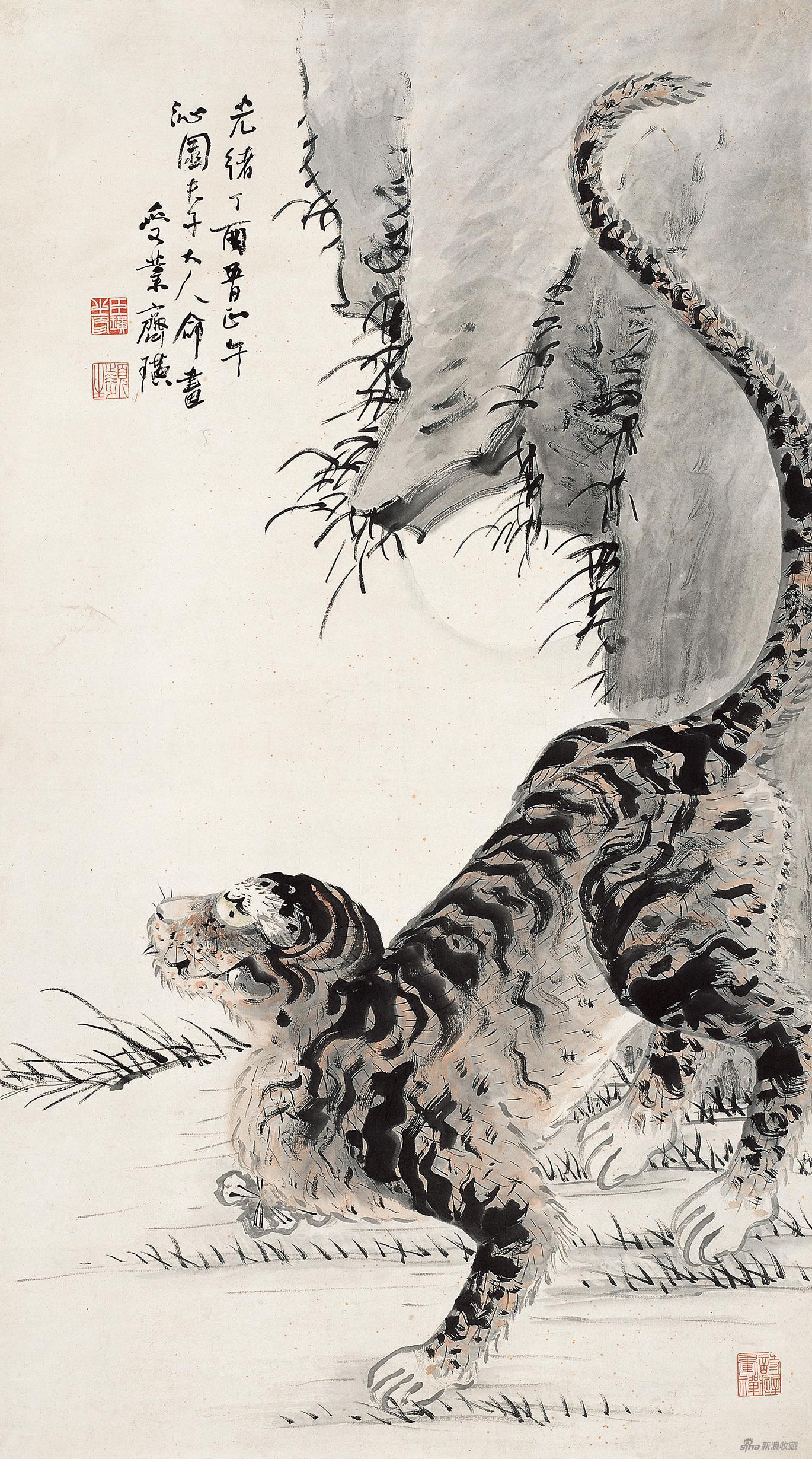 老虎图 齐白石 146×81.4cm 1897年 纸本设色 辽宁省博物馆藏