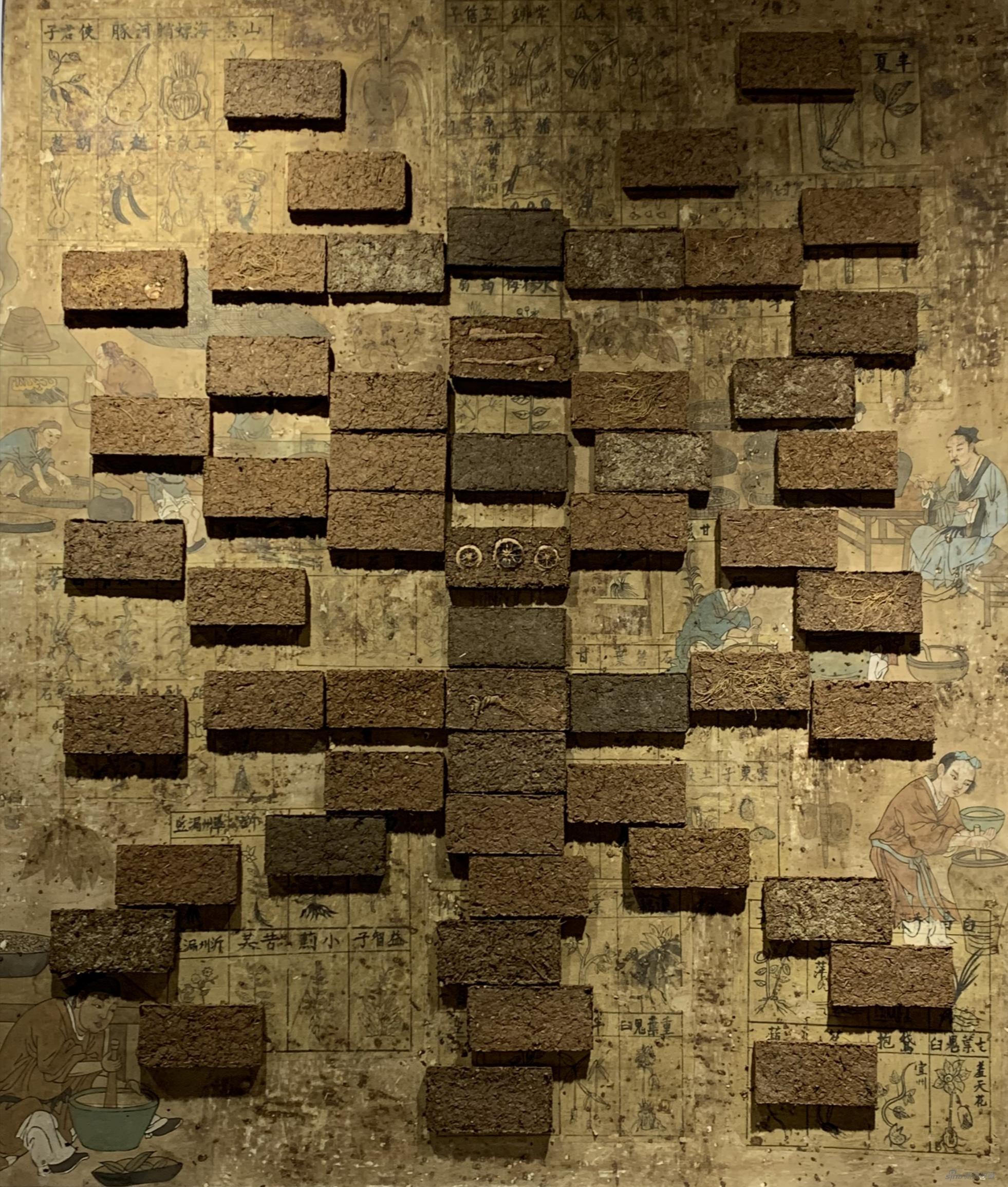 梁子川《艺术制药厂 》壁画、170×200cm、中药砖，木板